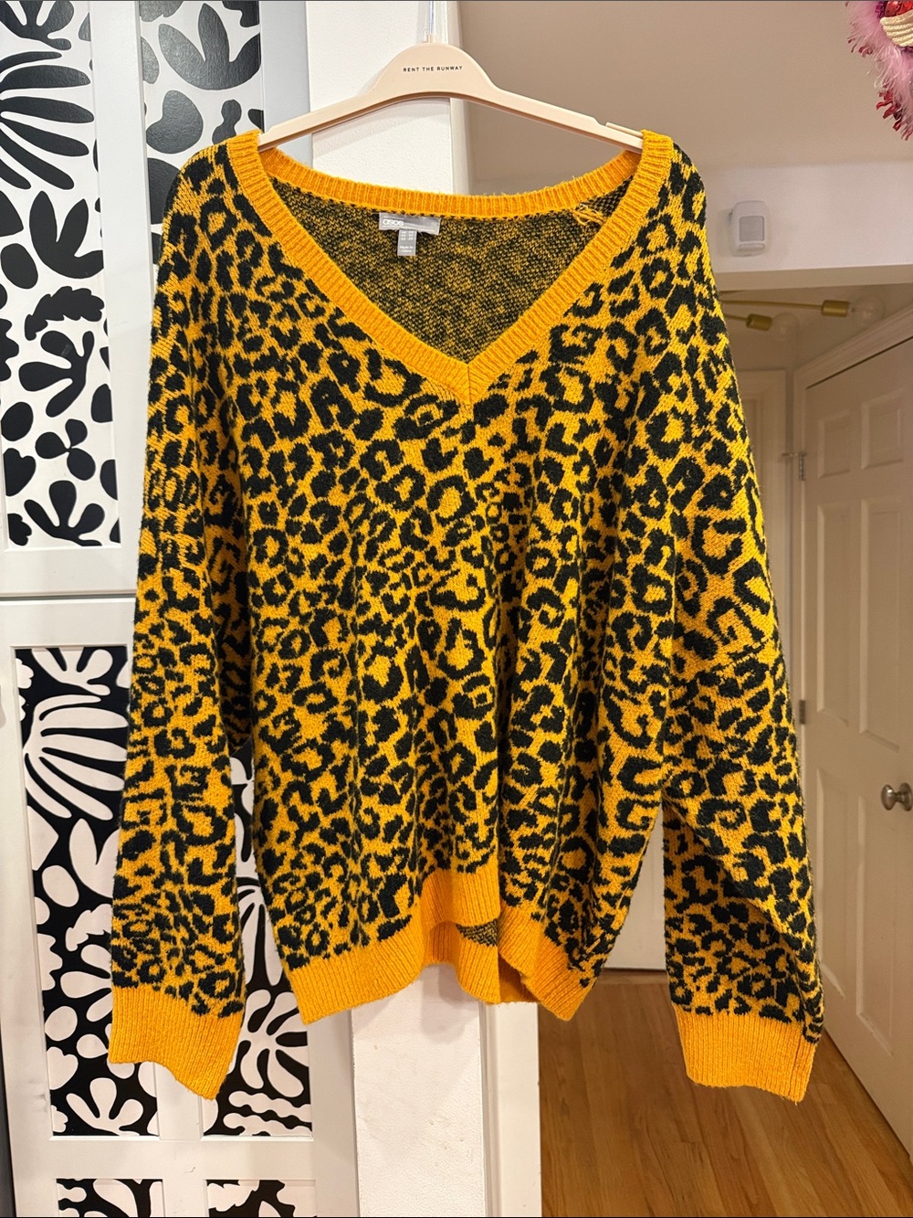 Yellow and Black Leopard V-Neck Sweater